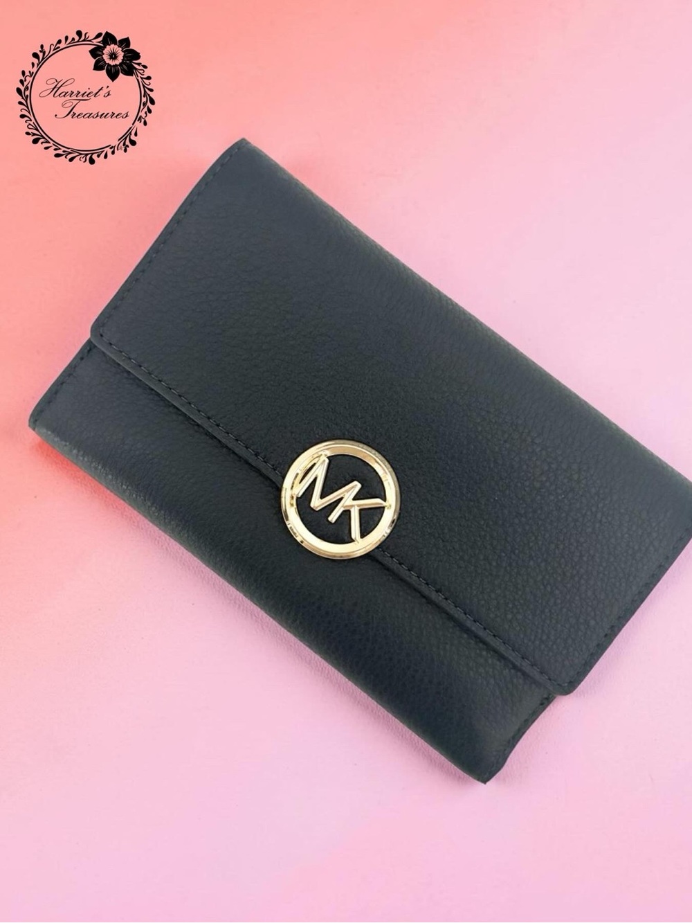 Michael Kors Navy Pebbled Leather Wallet with Gold MK Emblem